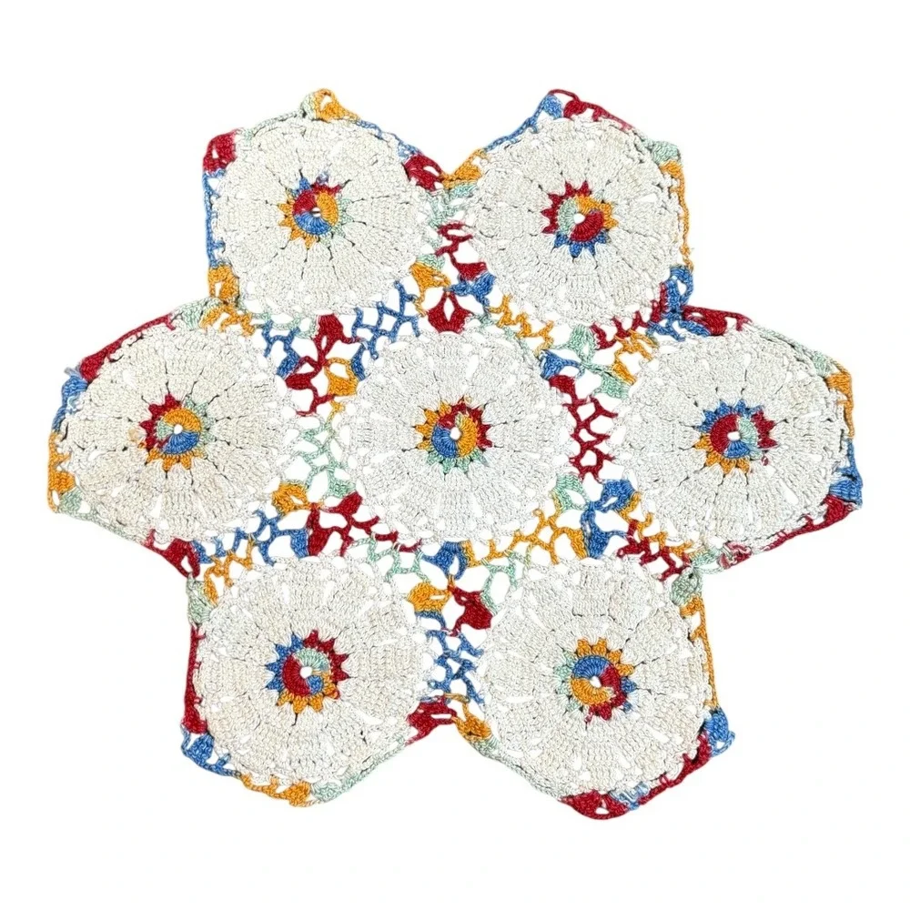 Crochet‎ Doily Table Mat White Multicolor Floral Star Lace Handmade Cottagecore